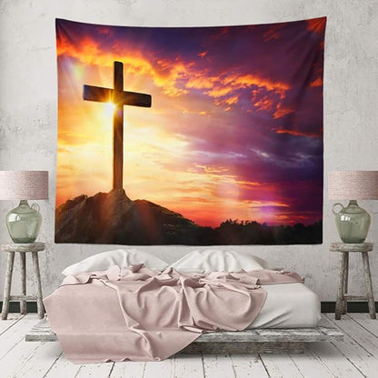 BERRY Jesus Christ Cross Sunrise Tapestry Sunset Sepulcher Lord Pray Easter Crucifixion Religious Belief Wall Hangings Decor Large Tapestry for Bedroom Living Room Dorm College Church Man Cave(80x60