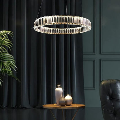 Modern Crystal Chandeliers with Remote, 3000-6000K 20in Gold Ring Pendant Light LED Dimmable Round Crystal Chandeliers with Remote for Living Room Dinning Room Bedroom
