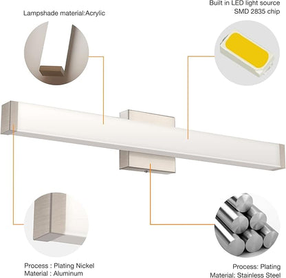 Bathroom Vanity Light Brushed Nickel Square LED 24 inch 14W 4000K Natural White Light Wall Bar Lighting Fixtures Over Mirror (Brushed Nickel, 24 inch 5CCTDimmable)