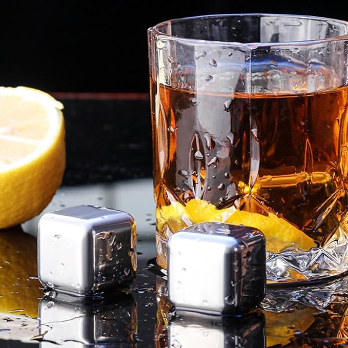 6 Small Whiskey Stones - Man Gift Set - Reusable Stainless Steel Metal Ice Sphere Cubes Beverage Chilling Rocks Whiskey Stones for Red Wine, Bar Beer, Scotch, Vodka Drinks - Silver