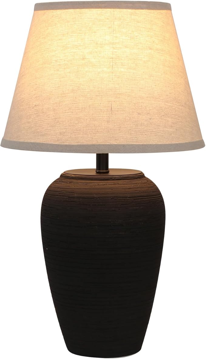 Ceramic Pot Table Lamp 21.25 inch Tall Striped Nightstand Lamp, Tapered Fabric Shade Bedside, Ceramic Decorative for Living Room Bedroom House Office Entryway, TL2