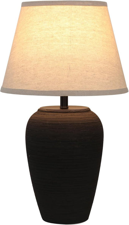 Ceramic Pot Table Lamp 21.25 inch Tall Striped Nightstand Lamp, Tapered Fabric Shade Bedside, Ceramic Decorative for Living Room Bedroom House Office Entryway, TL2