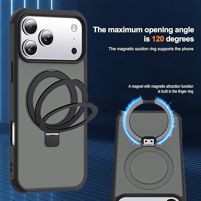 Compatible with iPhone 17 Pro Case with Invisible Magnetic O-Ring Stand Military-Grade Translucent Phone Case for iPhone 17 Pro 6.3" [Compatible with Mag-Safe][Great Grip Feeling], Black