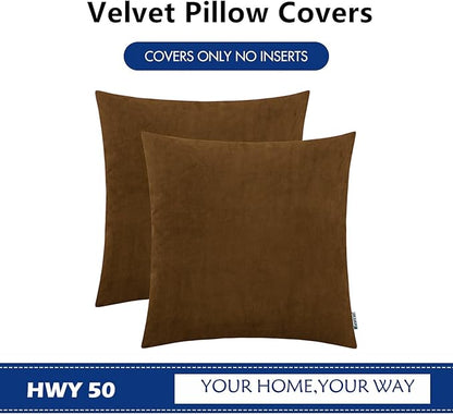 HWY 50 Coffee Velvet Throw Pillow Covers 18x18 Inch, Pack of 2 Soft Cozy Solid Decorative Luxury Cushion Cases for Couch Sofa Bed Living Room Bedroom