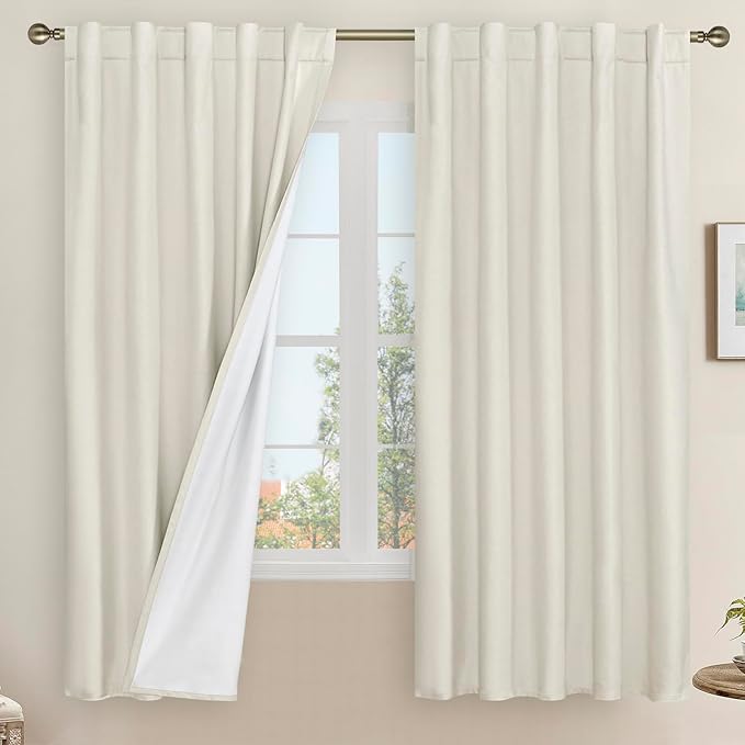 LAMIT Natural 100% Blackout Linen Curtains, 63 Inches Linen Textured Thermal Bedroom Curtains Back Tab and Rod Pocket Neutral Panels with White Liner for Farmhouse, 2 Panels, 42 x 63 Inch, Ivory