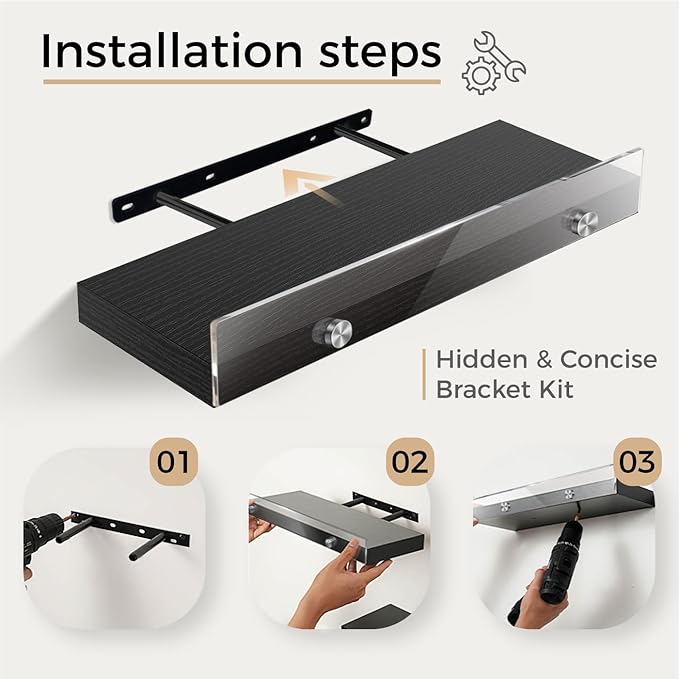 3 Pack Wooden Floating Shelves for Wall with Acrylic Front Lip, 15.7 IN Wall Mounted Rustic Style Shelves for Bathroom, Bedroom, Living Room, Kitchen, Hanging Shelves, Black