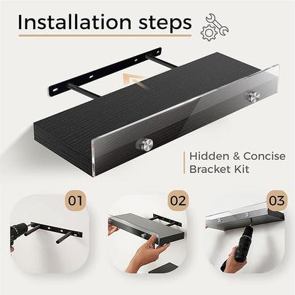 3 Pack Wooden Floating Shelves for Wall with Acrylic Front Lip, 15.7 IN Wall Mounted Rustic Style Shelves for Bathroom, Bedroom, Living Room, Kitchen, Hanging Shelves, Black