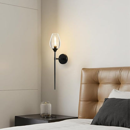 Black Glass Wall Sconce Light: Modern Decorative Sconces Lights over Mirror - Brushed Brass Bathroom Vanity Lighting with Flower Shade Set of 2 - Indoor Glass Wall Mount Lamp for Bedroom Living Room