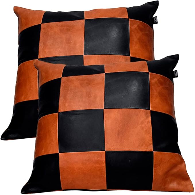 D DOLLY LAMB Lambskin Leather Pillow Cover - Sofa Cushion Case - Decorative Throw Covers for Living Room & Bedroom, 18x18 Inches - Check Camel & Black Pack of 2