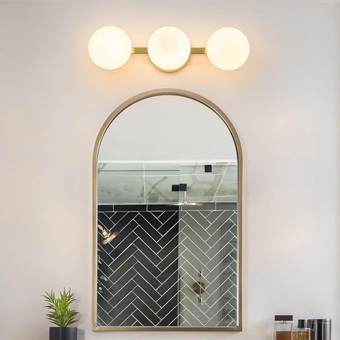 Bathroom Vanity Mirror Light Fixtures: 3 Lights Bath Wall Sconce Lighting - Brass Gold Vanity Lights with Milk Glass Shade - Modern Minimalist Makeup Light Fixture Above Mirror for Hallway E26 Base