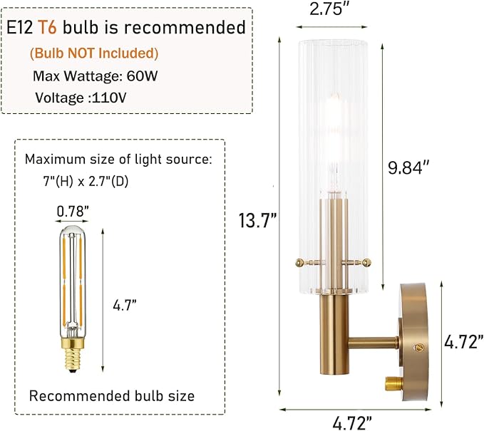 Modern Wall Sconces with Dimmer ON/Off Switch Gold Brushed Brass Bathroom Vanity Light Fixtures Striped Clear Glass Shades Indoor Wall Light for Mirror Living Room Bedroom Hallway Staircase