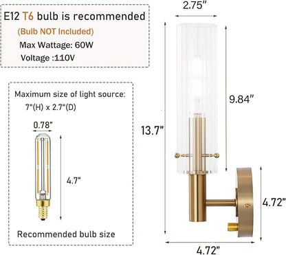 Modern Wall Sconces with Dimmer ON/Off Switch Gold Brushed Brass Bathroom Vanity Light Fixtures Striped Clear Glass Shades Indoor Wall Light for Mirror Living Room Bedroom Hallway Staircase