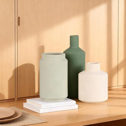 Neutral Ceramic Vase Set of 3 – Modern Decorative Vases, Small Flower Pottery Vase Sets, Boho Farmhouse Rustic Vases for Living Room, Kitchen, Bedroom, Bathroom, Shelf, Table
