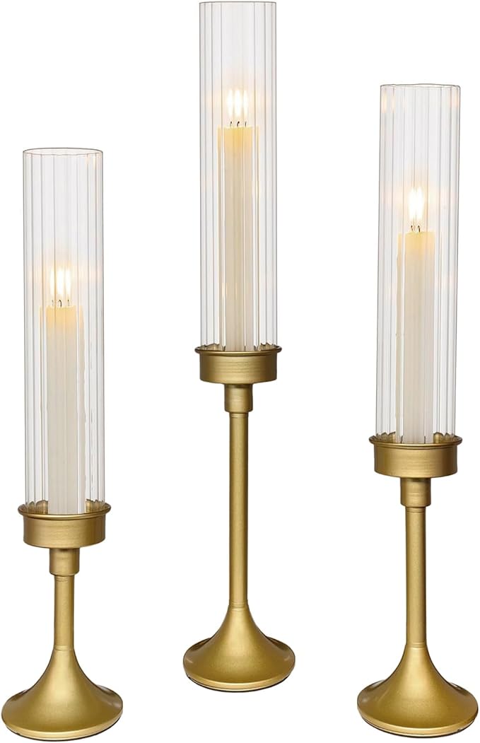 Gold Hurricane Candle Holders - Brass Candlestick Holders Set of 3 Tall Taper Candlesticks Fluted Glass Candle Stick Holder Decor for Wedding Party Christmas Mantel Dining Table Centerpieces