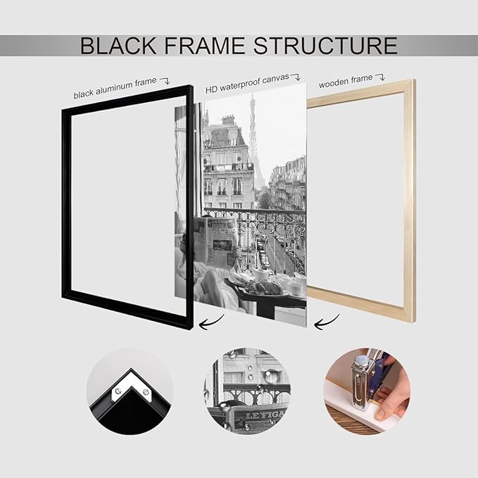 Black and White Photography Canvas Wall Art, Woman Reading Newspaper In Paris Hotel Aesthetic Poster, Retro Paris Tower Museum Photo Print, Luxury Fashion Breakfast Wall Decor 8x12in Framed