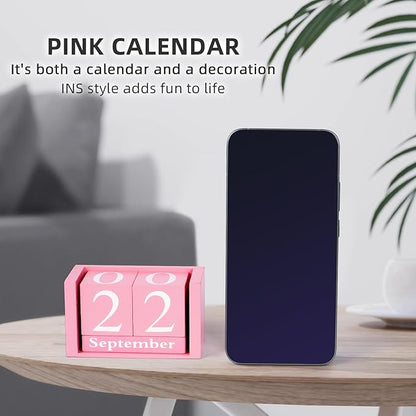 Perpetual Desk Calendar - Wooden Block Calendar for Desk, Reusable Date Display Blocks for Office & Home Decor, Teacher Classroom Accessory (Pink)