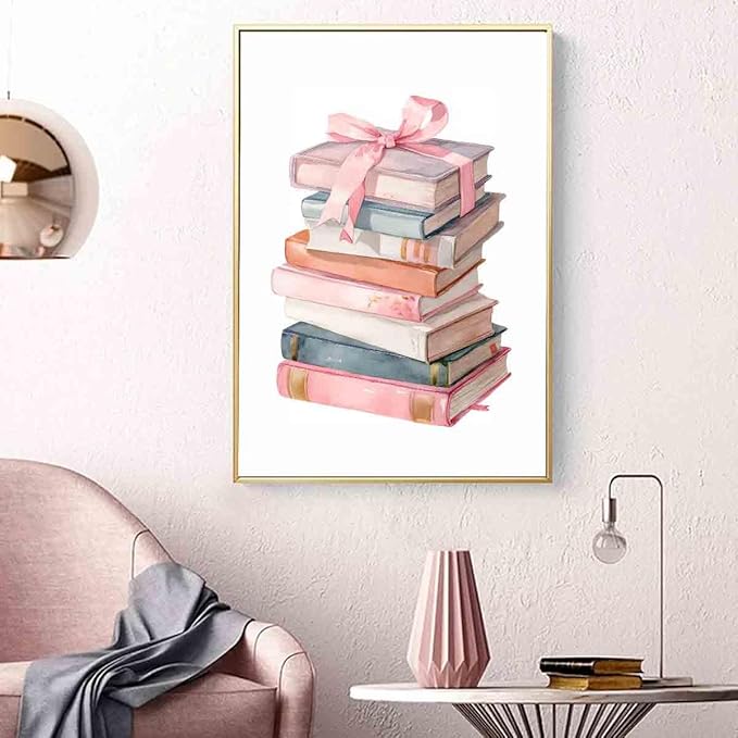 Book Lover Posters Pink Bow Pictures Book Stack Poster Inspirational Picture Educational Prints Coquette Trendy Preppy Poster Aesthetics Pink Girls Dormitory Living Room Decor 16x24inch No Frame