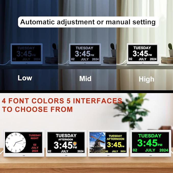 Alarm Clock with Day and Date for Elderly Digital Calendar Clock Photo Frame- Auto Dimmable Display 15 Alarm Options (10inch White)