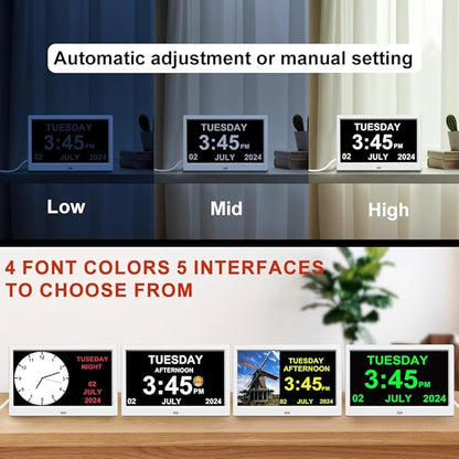 Alarm Clock with Day and Date for Elderly Digital Calendar Clock Photo Frame- Auto Dimmable Display 15 Alarm Options (10inch White)