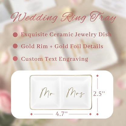 Personalized Mr and Mrs Ring Dish, Custom Ceramic Jewelry Dish, Holder Ring Holder for Wedding, Engagement, Anniversary, or Valentine’s Day Gift, Engrave Names, Dates, or Special Messages