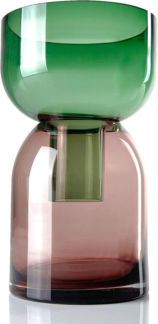 Cloudnola Large Reversible Glass Flower Vase and Bud Vase, Green and Pink, 9.5" Height x 5.6" Dia, Home, Wedding, and Event Decor
