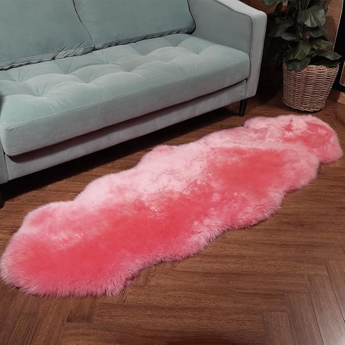 Premium Genuine Fur Sheepskin Rug Real Australia Sheepskin Natural Luxury Fluffy Lambskin Fur Area Rug Seat Covers for Kids Bedroom Sofa Chair Cover (Pink, Double Pelt/2ft x 6ft)