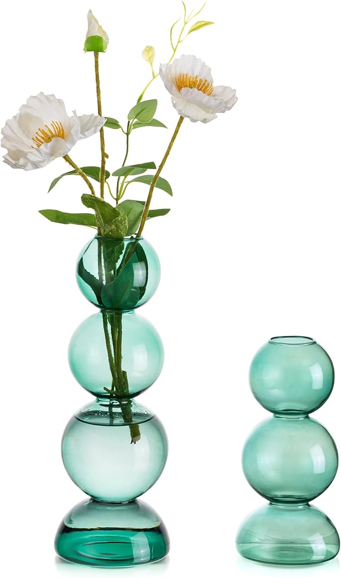 Glass Bubble Vases for Flowers, Hewory 2pcs Green Unique Cute Single Flower Vase for Centerpieces, Funky Aesthetic Vase Skinny Bud Vase, Cool Groovy Decor for Home Living Room Bedroom Office Tabletop