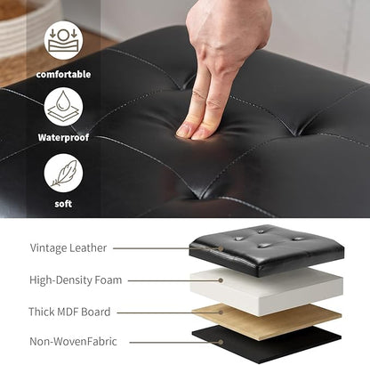 Adeco Storage Ottoman Foot Rest Stool, Leather Ottoman Footstool with Solid Wood Legs and Hinged Lid, 17.7" Small Foot Stool for Living Room, Bedroom