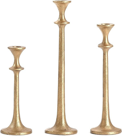 Gold Taper Candle Holders Set of 3, Heavy Candlestick Holders Decorative Candle Stand for Table Centerpiece, Cast Iron Candle Stick Holder Decor