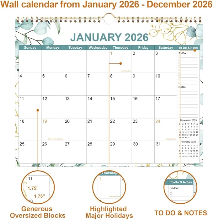 2026 Calendar - Calendar 2026 from January 2026 - December 2026, 12 Months Calendar with Premium Paper, Twin-Wire Binding & Hanging Hook, 12" x 14.5", Green Leaf