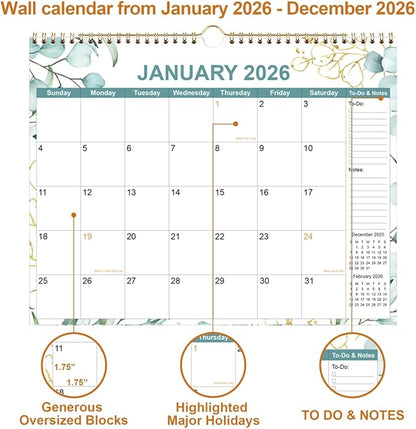 2026 Calendar - Calendar 2026 from January 2026 - December 2026, 12 Months Calendar with Premium Paper, Twin-Wire Binding & Hanging Hook, 12" x 14.5", Green Leaf