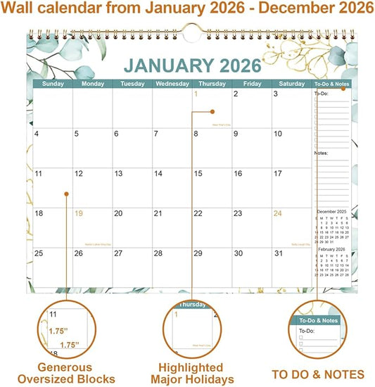 2026 Calendar - Calendar 2026 from January 2026 - December 2026, 12 Months Calendar with Premium Paper, Twin-Wire Binding & Hanging Hook, 12" x 14.5", Green Leaf