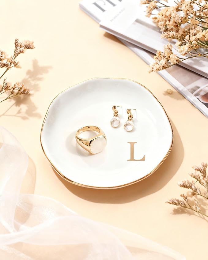 Fmeida Ceramic Jewelry Tray, Initial Room DecorTrinket Dish for Rings Earrings Necklaces Bracelet, Birthday Valentine's Mother's Day Christmas Wedding Gift for Women, 4.5", Rose Gold R