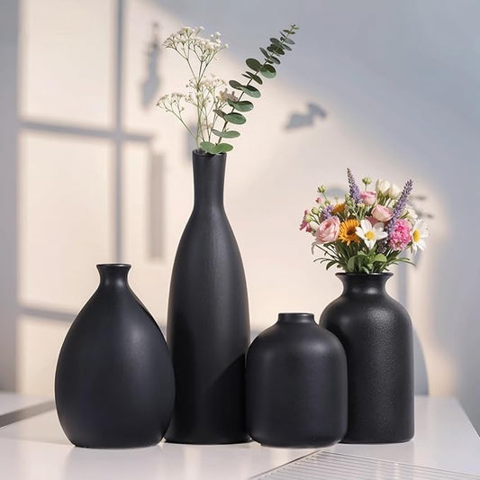 Black Ceramic Vase Set of 4, Matte Black Vases for Home Decor, Ceramic Small Bud Vase for Flowers, Modern Minimalism Decorative Flowers Vases for Centerpieces, Table, Shelf, Office Decor