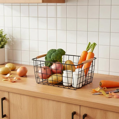 Metal Black Wire Basket,Food Storage Basket Organizer with Wooden Handles for Organizing,pantry and organizers Kitchen Cabinets Shelf potato onion, 4 Packs-Black
