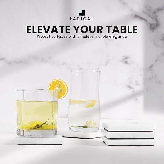 Radicaln Marble Coasters Square 3.5" Inches White Handmade Absorbent Stone Coaster Set for Drinks – Perfect for Kitchen Use, Set of 6 Coasters, Ideal Home Decor