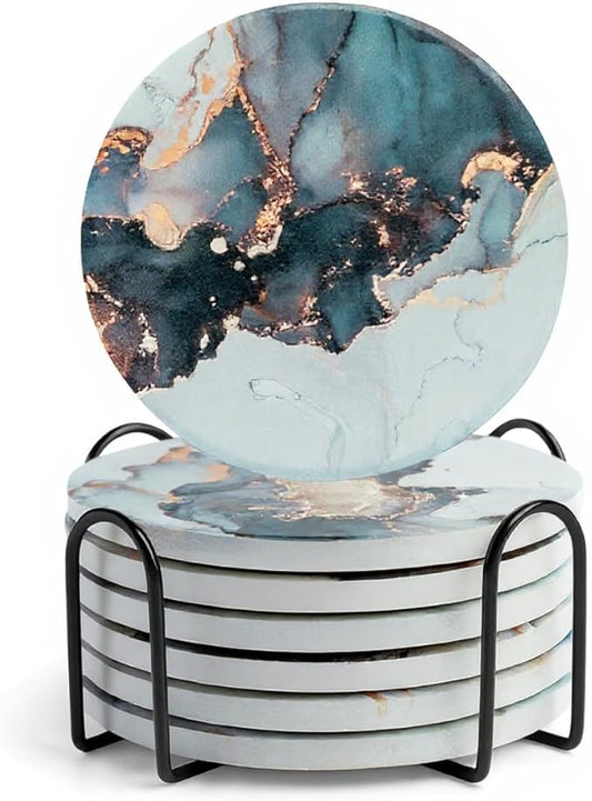 Ceramic Absorbent Coasters Set of 6 with Holder, Marble Drink Coasters for Coffee Table, Water Absorbing Coaster (Black)
