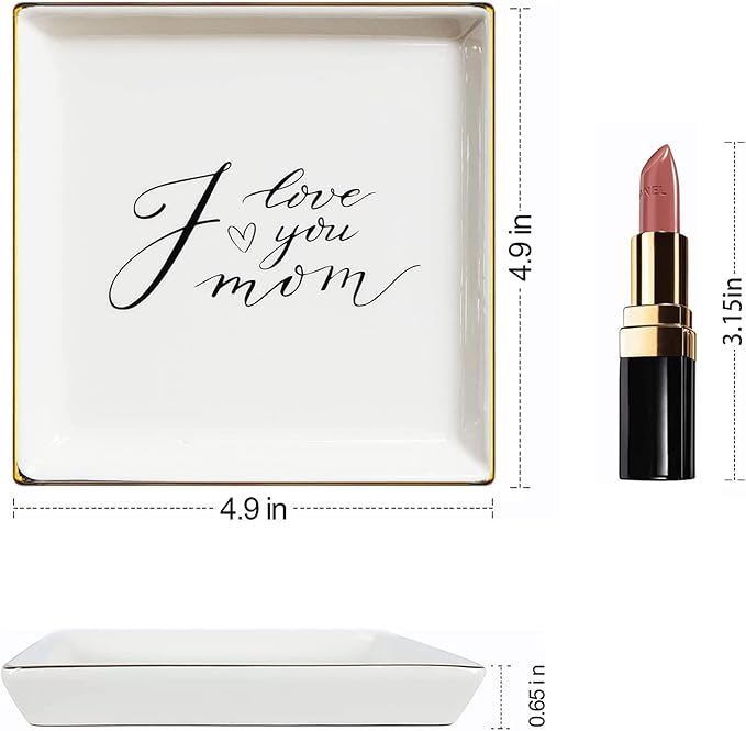 LADY&HOME Gifts for Mom - I Love You Mom Trinket Dish & Ceramic Ring Dish for Mother's Day