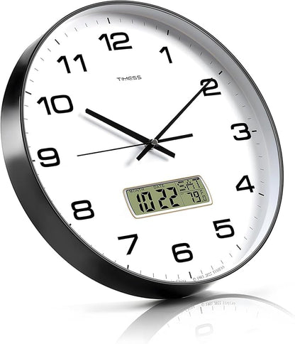 Wall Clock, 10" Dial Non-Ticking Silent Battery Operated Analog with LCD Display for Perpetual Calendar and F° Temperature, Ideal Modern Home, Bedroom, Kitchen, Office Decor (Black)