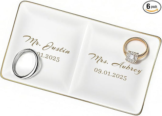 Personalized Mr and Mrs Ring Dish, Custom Ceramic Jewelry Dish, Holder Ring Holder for Wedding, Engagement, Anniversary, or Valentine’s Day Gift, Engrave Names, Dates, or Special Messages