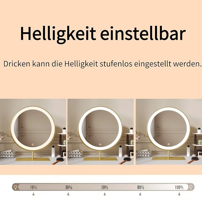 Vanity Mirror Makeup Mirror with Stand,15.8" Round Vanity Mirror, LED Lights, Smart Touch 360°Rotation, Dimmable White (Golden)