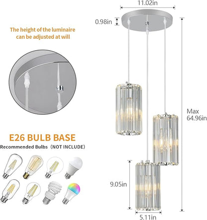 Chrome Pendant Lighting Modern Pendant Light, Mini Crystal Chandeliers,Adjustable Pendant Light Fixture for Kitchen Island Dinning Room Corridor Bedroom(Chrome 3-Light)