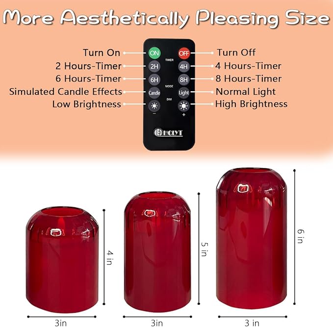 Rechargeable Flameless Candle, Flashing LED Pillar Real Wax Candle with Remote Control and Timer, Red Glass Electronic Candles for Room Decoration, 1 Set of 3