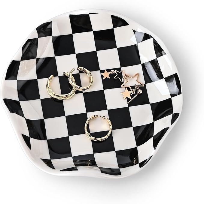 Koythin Ceramic Jewelry Tray, Checkered Pattern Aesthetic Decorative Trinket Dish for Rings, Earrings Necklaces Bracelet Watch Holder, Small Key Bowl, Birthday Mother's Day for Women (Black)