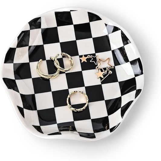 Koythin Ceramic Jewelry Tray, Checkered Pattern Aesthetic Decorative Trinket Dish for Rings, Earrings Necklaces Bracelet Watch Holder, Small Key Bowl, Birthday Mother's Day for Women (Black)