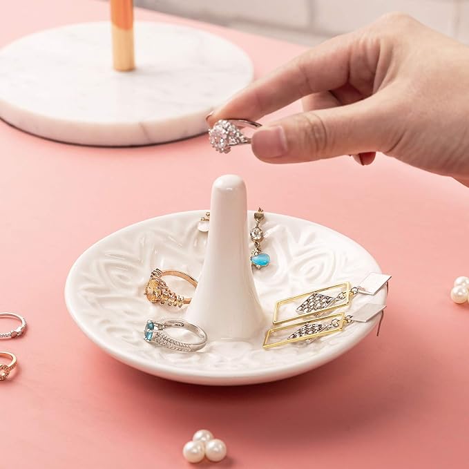 MyGift Decorative White Ceramic Ring Tray for Jewelry, Ring Cone and Trinket Tray with Raised Heart Design