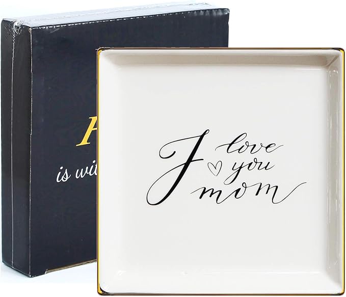 LADY&HOME Gifts for Mom - I Love You Mom Trinket Dish & Ceramic Ring Dish for Mother's Day