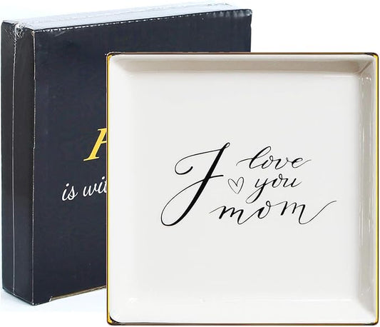 LADY&HOME Gifts for Mom - I Love You Mom Trinket Dish & Ceramic Ring Dish for Mother's Day
