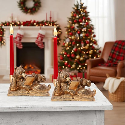 Gold Animal Candle Holders - Bear Set of 2 Vintage Rustic Pedestal Candlesticks, Easter Decorations, Centerpieces for Fireplace Mantle & Dining Table