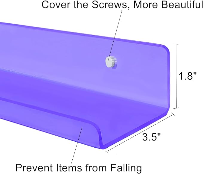 ROYALITA Small Acrylic Shelves Wall Mounted | Set of 2 | 12 Inches | Wall Hanging Plant Display Shelves, Room Decor Floating Wall Shelves for Gaming Room Bedroom, Living Room, Office, Purple